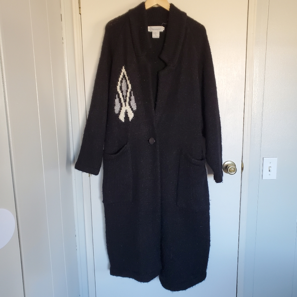 Vintage Diversity Wool Blend Knit Sweater Coat Women's M Black Duster Style